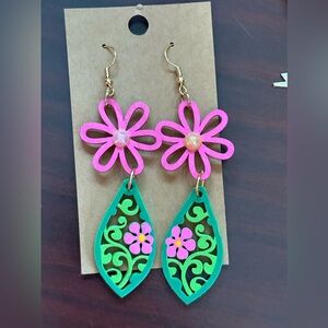 Floral Pink and Green Earrings
